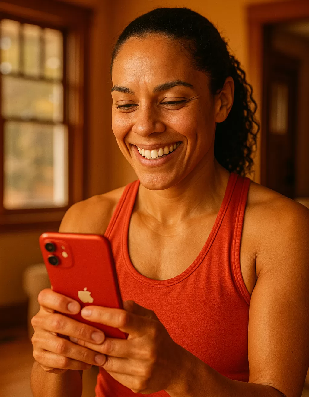 athletic woman smiling at her phone