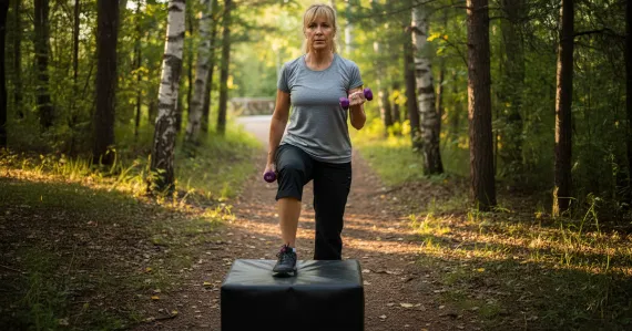 woman doing box step ups on a wooded walking trail
