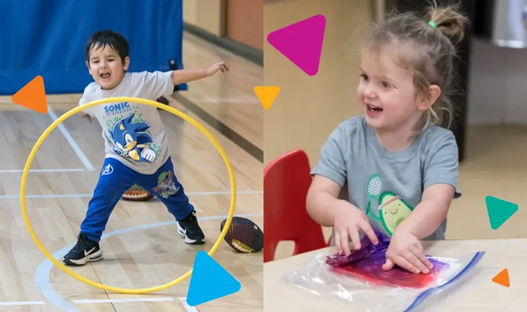 a child playing in a gym and a child doing an art project in a classroom