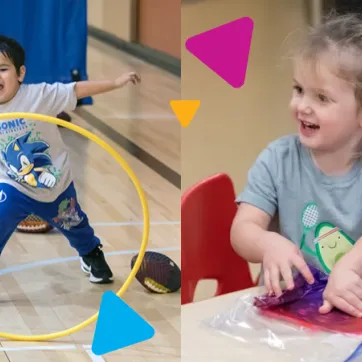 a child playing in a gym and a child doing an art project in a classroom