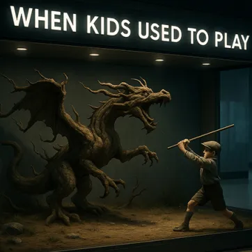 a museum exhibit of a child slaying an imaginary dragon